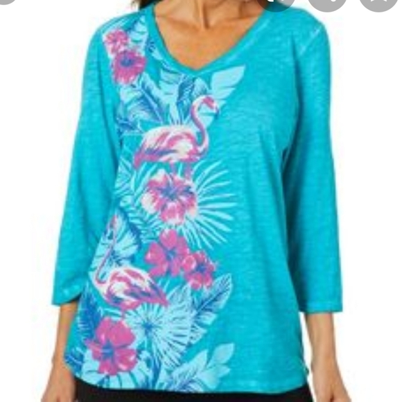 Sunsets & Sweet Tea Tops - Turquoise flamingo top 3/4 sleeves S NWT